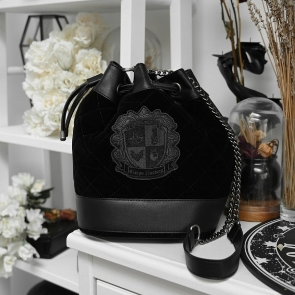 Killstar “Ghost Club” Velvet Handbag – Black Vegan Leather, Embroidered Patch - Picture 1 of 9
